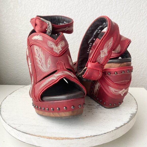 Lane Boots LEXINGTON Womens Red Wedges 10 Western Sandals Cowgirl Wooden Heels - Picture 1 of 10